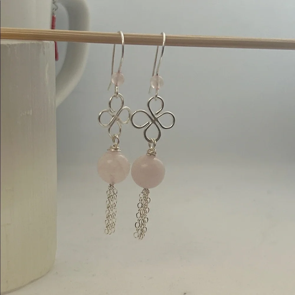 Elegant Silver and Pink rose quartz Dangle Earrings with chain tassel